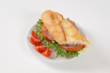 French bread sandwich with salami on white plate
