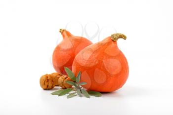 two orange pumpkins with walnuts and sprig of sage on white background
