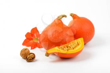 orange pumpkins with walnuts and hibiscus flower on white background