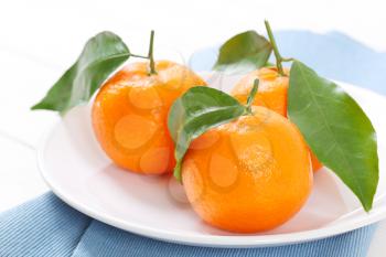 plate of fresh tangerines with leaves on blue place mat - close up