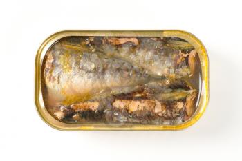 tin of sardines in oil on white background