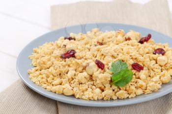 plate of granola with hazelnuts and dried cranberries - close up