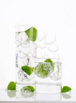 fresh water with ice and mint on white background