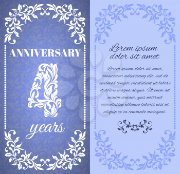 Luxury template with floral frame and a decorative pattern for the 4 years anniversary. There is a place for text