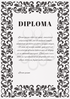 Template for diploma with Guilloche background grid and ornate frame. Frame decorated twisted branches with oak leaves and acorns.