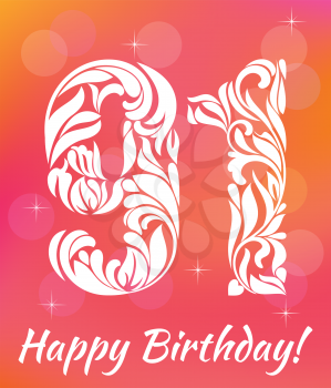 Bright Greeting card Template. Celebrating 91 years birthday. Decorative Font with swirls and floral elements.
