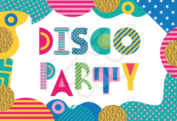 DISCO PARTY. Trendy geometric font in memphis style of 80s-90s. Rectangular frame from abstract geometric elements