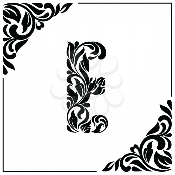 The letter E. Decorative Font with swirls and floral elements. Vintage style