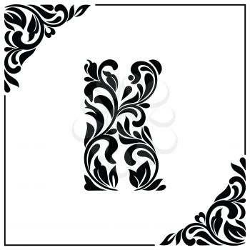 The letter K. Decorative Font with swirls and floral elements. Vintage style