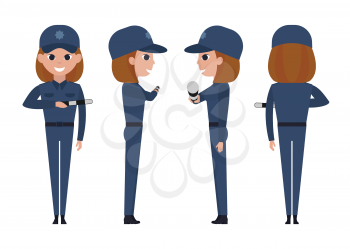 Girl police officer isolated on white background. Traffic controller holds a striped rod near the chest. Front, side, back view animated character.