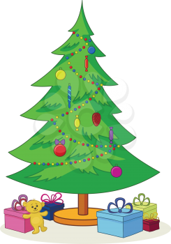 Cartoon, green Christmas tree with toys, teddy bear and gift boxes. Vector illustration