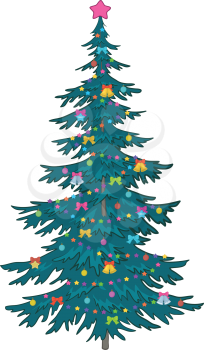 Christmas holiday fir tree with decorations, isolated on white background. Vector