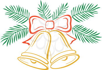 Christmas decoration, symbolical pictogram: golden bells with red bow and green fir branches. Vector