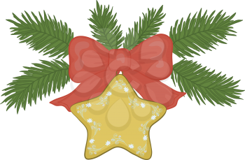 Christmas decoration: gold star with floral pattern, red bow and green fir branches. Vector