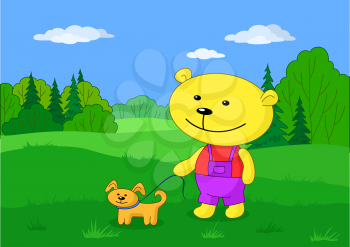 Cartoon toy teddy bear walking with dog in summer forest. Vector