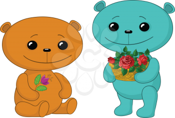 Two toy teddy bears friends with flowers. Vector