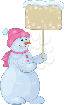 Cartoon, snowmen woman holds a poster for your text. Vector