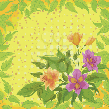 Flowers alstroemeria and pattern of leafs on yellow background. Vector