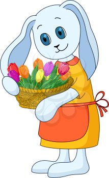 Cartoon Rabbit Girl with Holiday Flowers Tulip Basket. Vector
