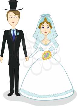 Cartoon, the bride and groom during the wedding ceremony. Vector
