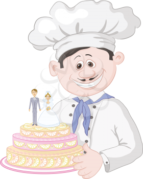 Cartoon cook chef with holiday wedding cake, pie with bride and groom figurines. Vector