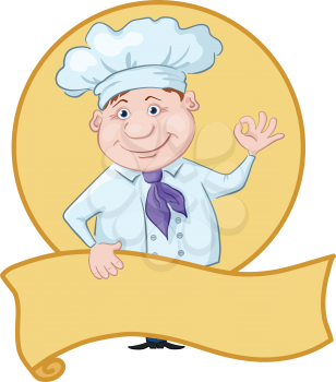 Cartoon cook - chef with poster showing ok hand sign. Vector