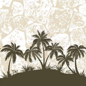 Tropical Landscape, Palms Trees and Grass Silhouettes on a Grungy Background of Masonry. Vector