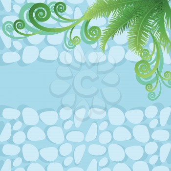Background, green palm leaves and blue abstract pattern. Vector