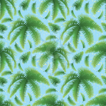 Seamless pattern, green branches with leaves of palm trees on a background of blue sky. Vector