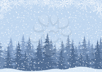 Winter Woodland Landscape with Spruce Fir Trees and Snowflakes, White and Blue Silhouettes. Vector