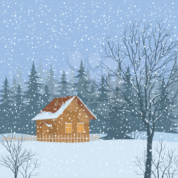 Winter Christmas Landscape, Rustic House on Snowy Forest Edge. Vector