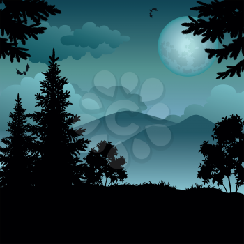 Night landscape: trees, moon, mountains and bats. Element of this image furnished by NASA (www.visibleearth.nasa.gov). Vector
