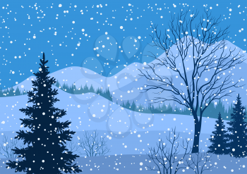 Winter Mountain Christmas Landscape with Fir Trees Silhouette and Snowflakes. Vector