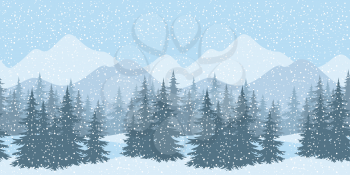 Seamless Horizontal Winter Mountain Landscape with Spruce Trees and Snow, Silhouettes. Eps10, Contains Transparencies. Vector