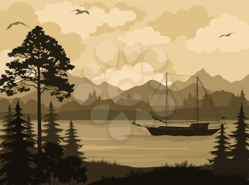 Landscape with Ship Sailboat on a Mountain Lake, Spruce Trees, Pine and Bushes, Birds in the Sky and Clouds. Vector