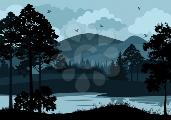 Night Landscape, Mountain Lake, Trees and Cloudy Sky with Birds. Vector