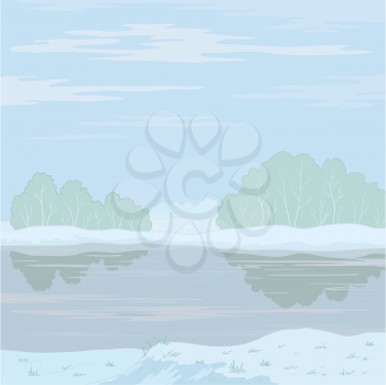 Winter landscape: snow-covered forest, frozen river and the blue sky with white clouds. Vector