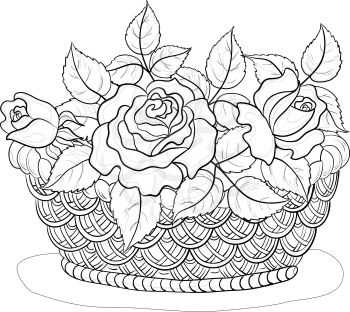 Wattled basket with flowers roses and leaves, black contours isolated on white background. Vector