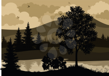 Landscape with Trees, River, Mountains and Birds Silhouettes. Vector