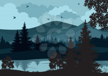 Landscape with Trees, River, Mountains and Birds Silhouettes. Vector