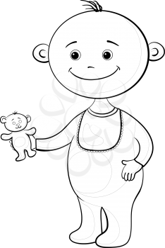 Cartoon, cheerful smiling child with a toy teddy bear, contours. Vector