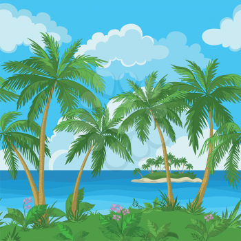 Exotic seamless background, tropical landscape, sea island with green palm trees and flowers and cloudy sky. Vector