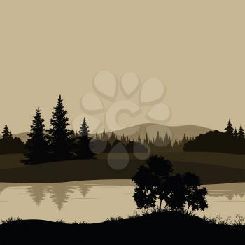 Night Seamless Landscape, Mountains, River and Trees Silhouettes. Vector