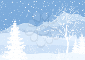 Winter mountain Christmas landscape with fir trees and snow, white and blue silhouettes. Vector