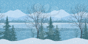Seamless Horizontal Winter Christmas Mountain Woodland Landscape with River, Trees Silhouettes and Snowflakes. Vector