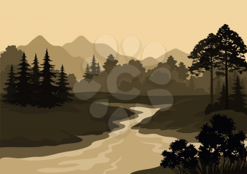 Night Landscape, Mountains, River and Trees Silhouettes. Vector