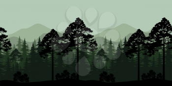 Seamless Horizontal Landscape, Evening Forest with Spruce Trees Silhouettes and Mountains. Vector