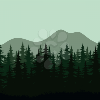 Seamless background, mountain landscape, night forest with fir trees silhouettes. Vector