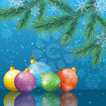 Background for Christmas holiday design, spruce branches, balls and snowflakes. Eps10, contains transparencies. Vector