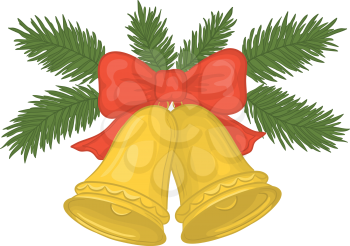 Christmas decoration, golden bells with red bow and green fir branches isolated on white background. Vector